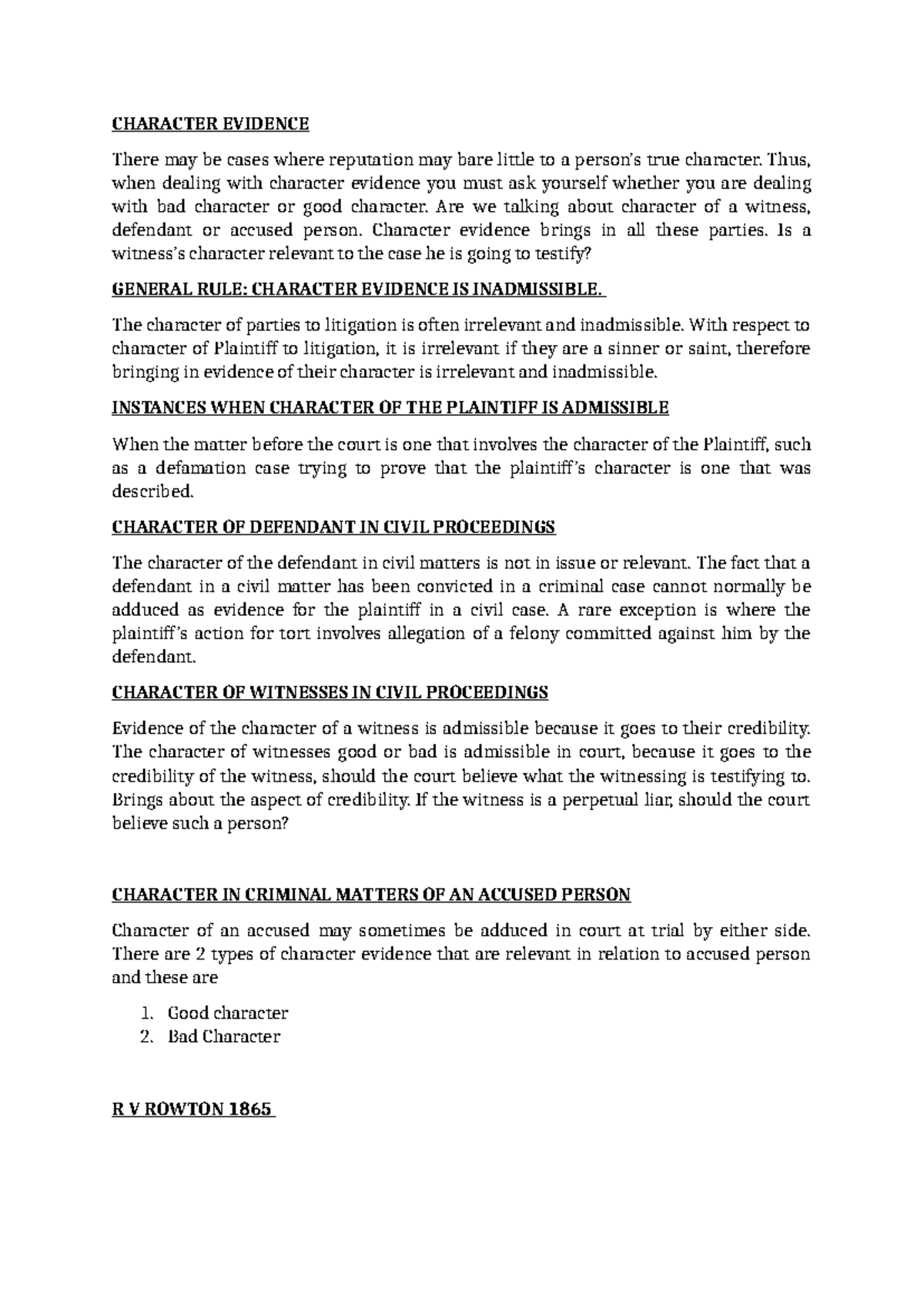 Character Evidence in Litigation: Admissibility & Relevance - Studocu