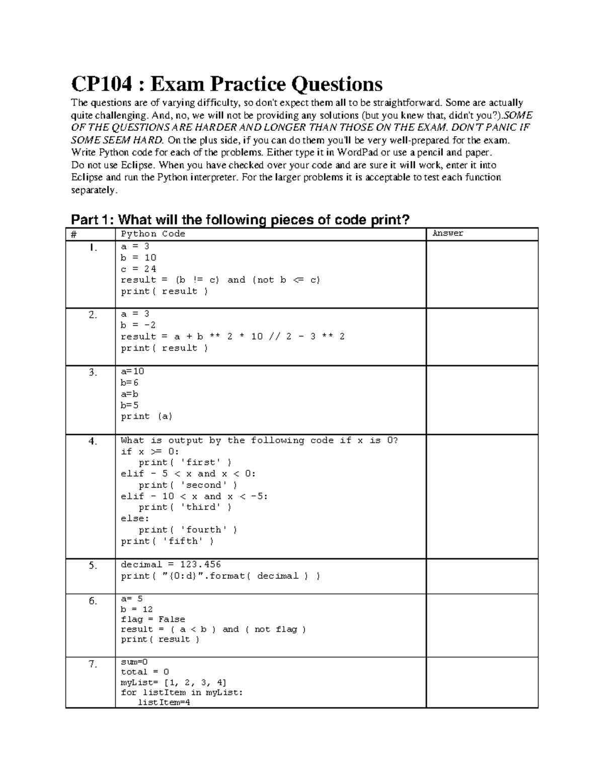 CP104: Practice Final Exam 1 - Python Coding Questions and Exercises ...