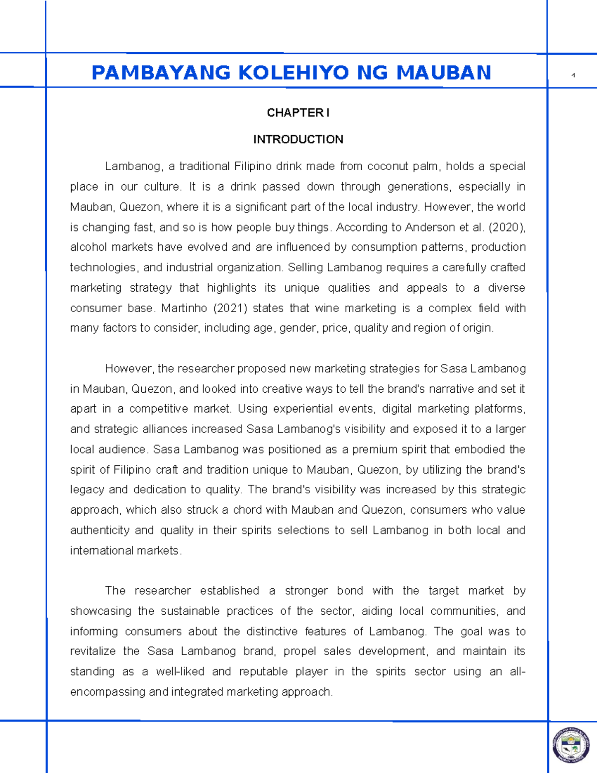 Marketing Strategies for Sasa Lambanog in Mauban, Quezon - Thesis - Studocu