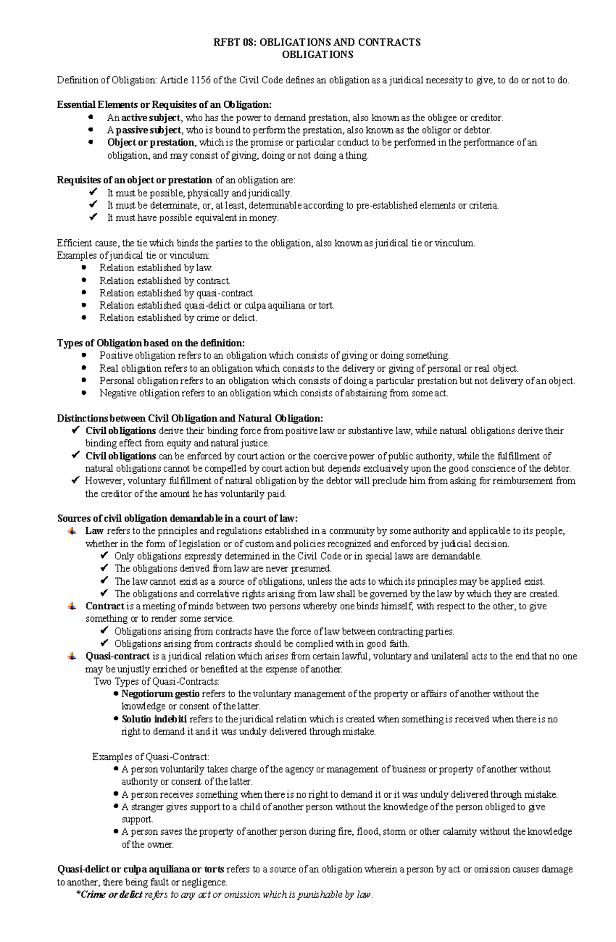 RFBT 3: Comprehensive Overview of Obligations and Contracts - Studocu