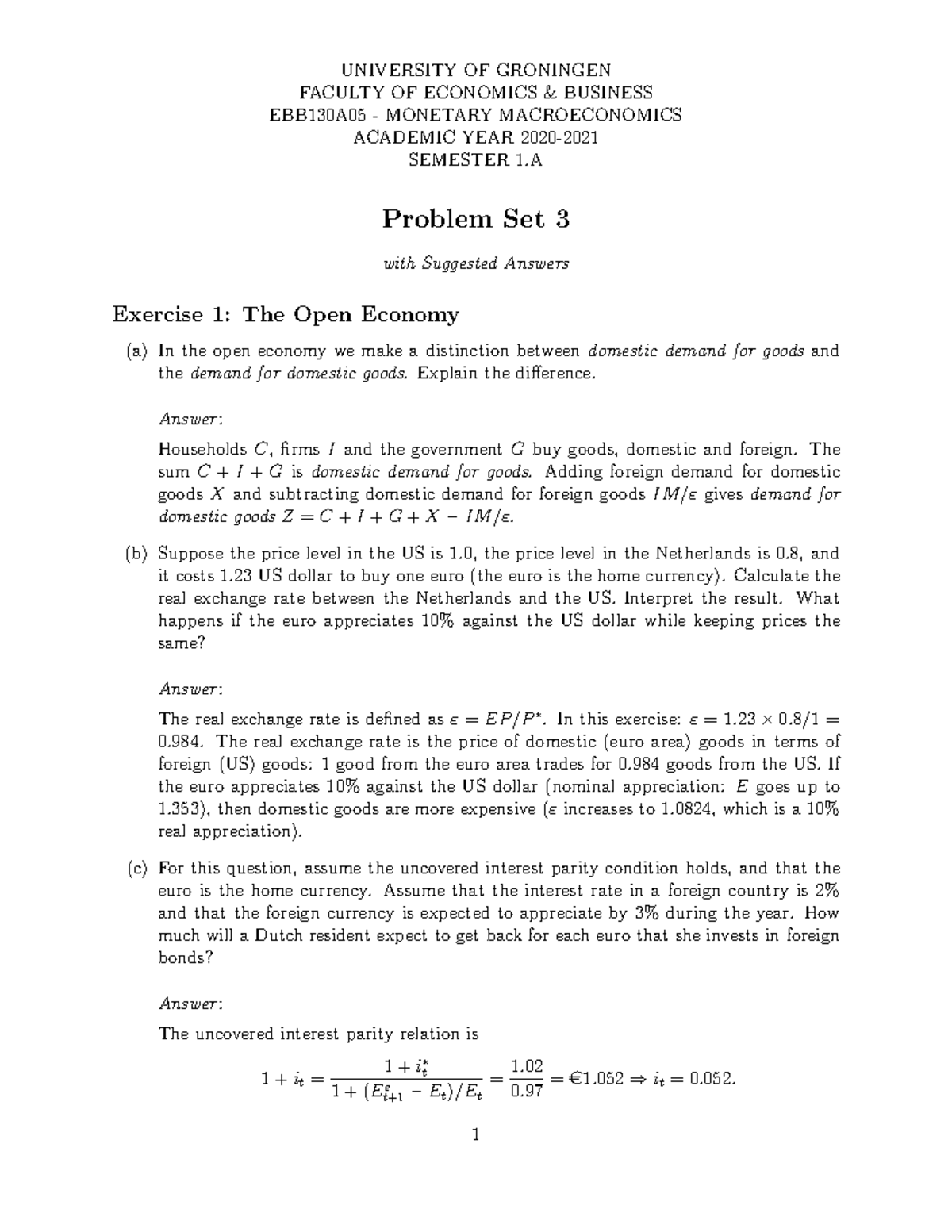 EBB130A05 - Monetary Macroeconomics: Tutorial 3 Problem Set Solutions ...