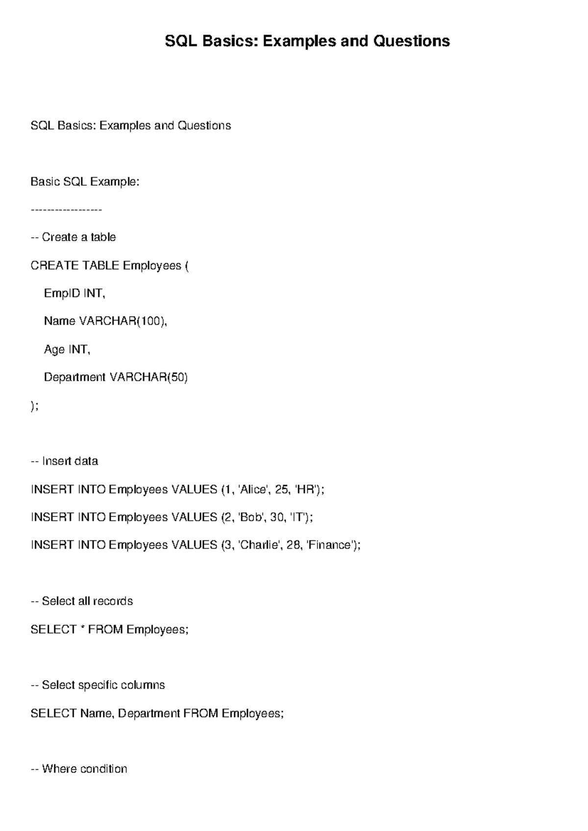 SQL Basics: Examples and Questions for SQL 101 - Studocu