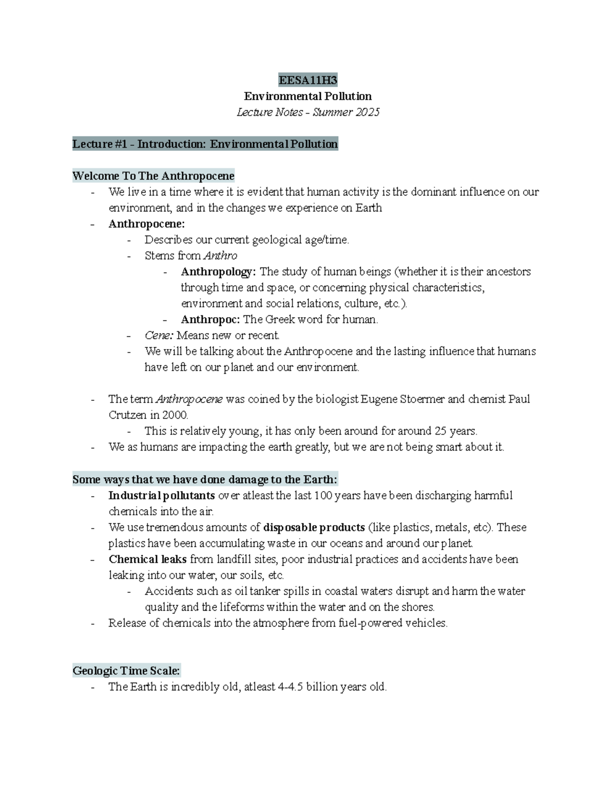 EESA11H3 Environmental Pollution Lecture Notes - Summer 2025 - Studocu
