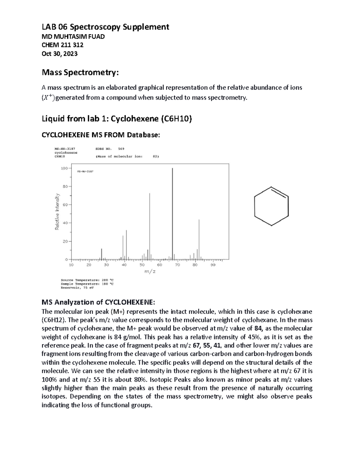 LAB 06 Mass Spectrometry Analysis CHEM 211 312 - Studocu