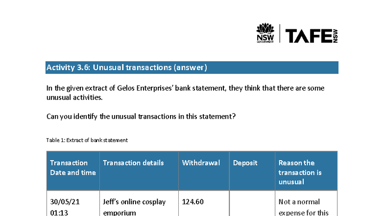 Activity 3.6: Identifying Unusual Transactions in Bank Statement - Studocu
