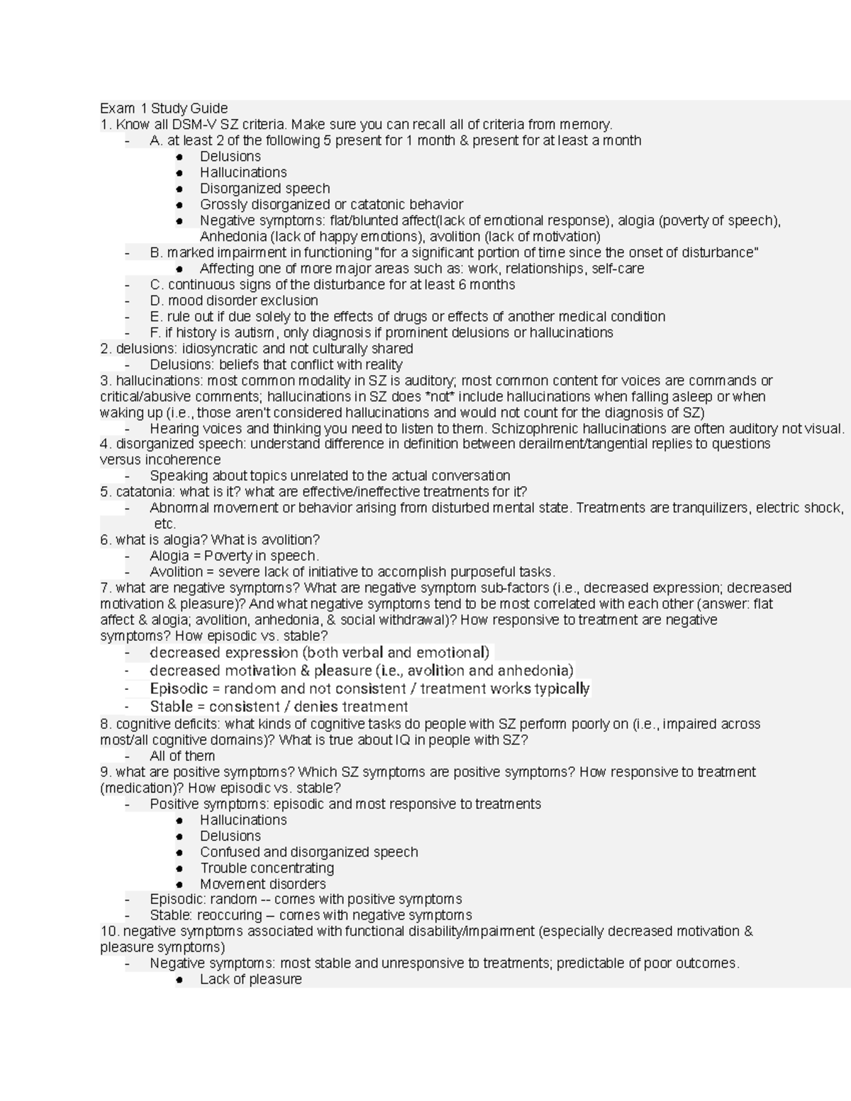 Schizophrenia study guide - Exam 1 Study Guide Know all DSM-V SZ ...