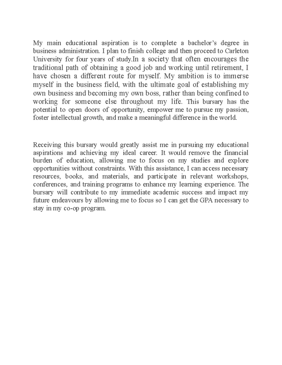 BUS 101: Harvey's Scholarship Application Essay for Bursary Support ...