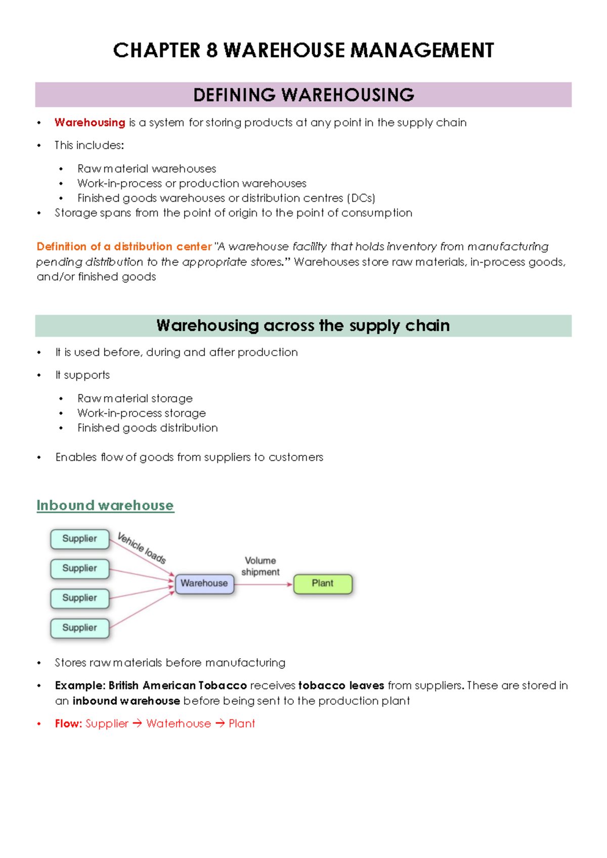 OBS 210 Chapter 8: Comprehensive Overview of Warehouse Management - Studocu