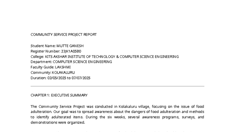 COMMUNITY SERVICE PROJECT REPORT: FOOD ADULTERATION AWARENESS (CSE ...