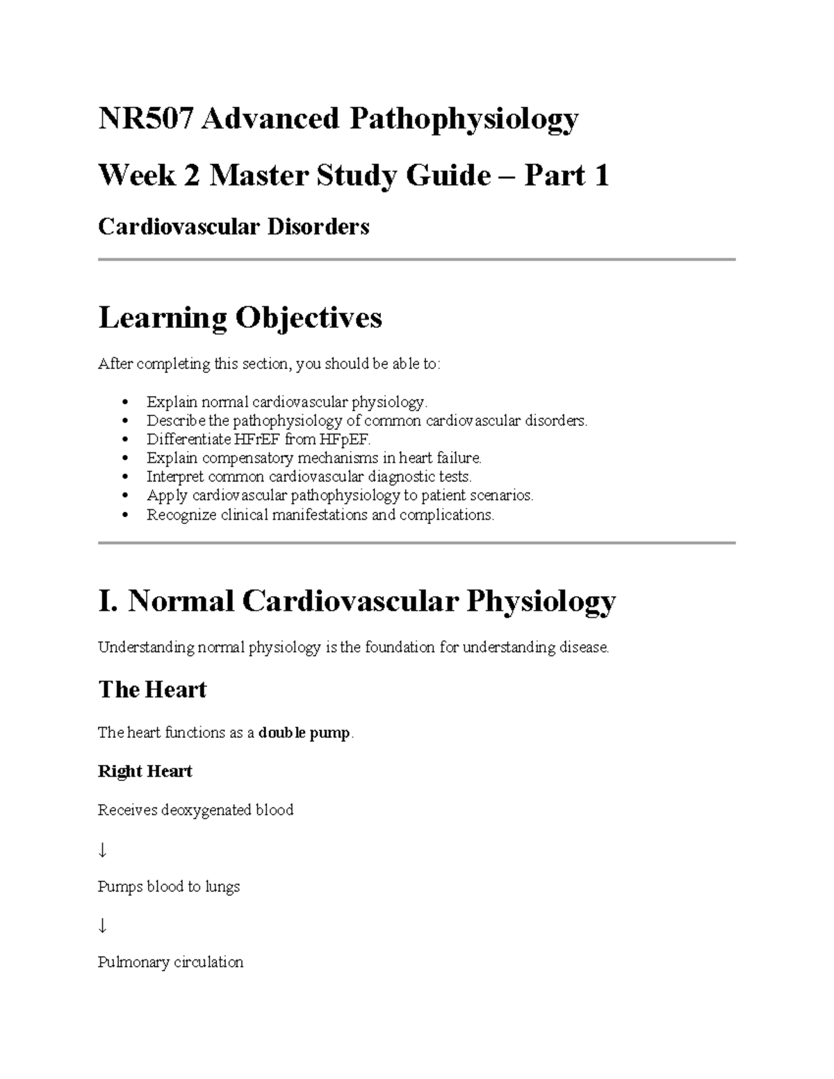 NR507 Advanced Pathophysiology Week 2 Study Guide: Cardiovascular ...
