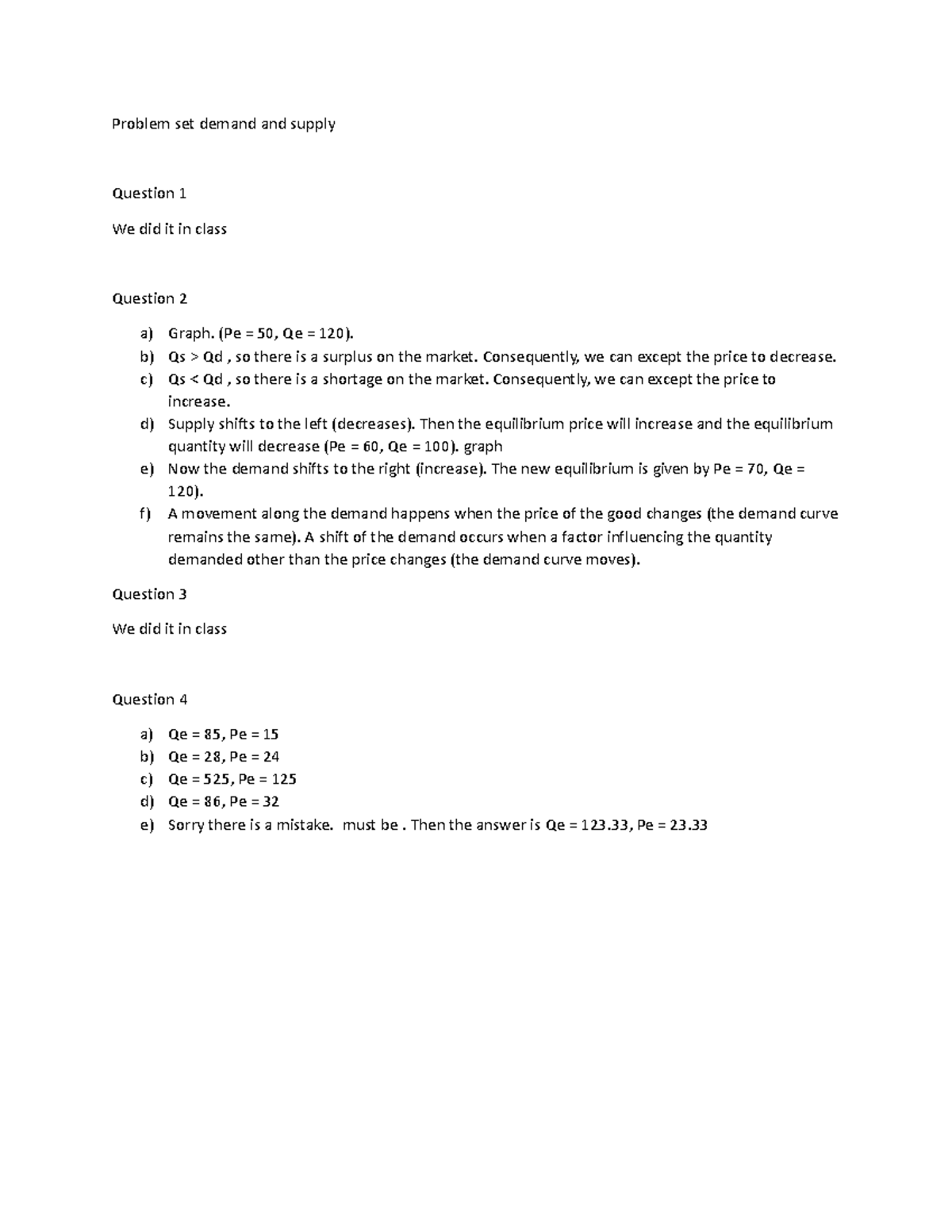 Problem set demand and supply (answer key) - Problem set demand and ...