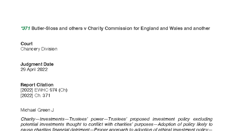 Butler-Sloss v Charity Commission for England and Wales: Ethical ...
