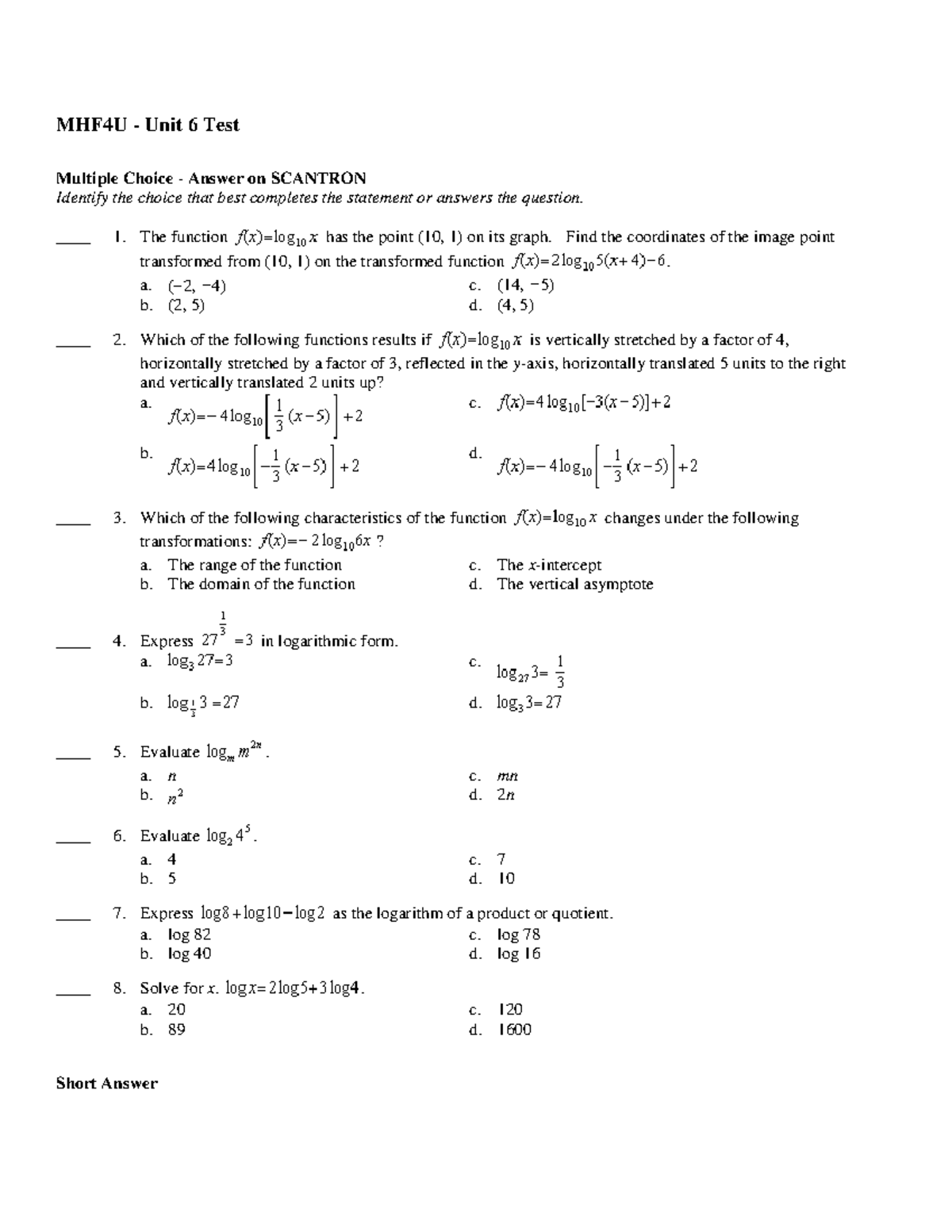 Unit 06 test dec 2012 - Hi. This is a document - MHF4U - Unit 6 Test ...