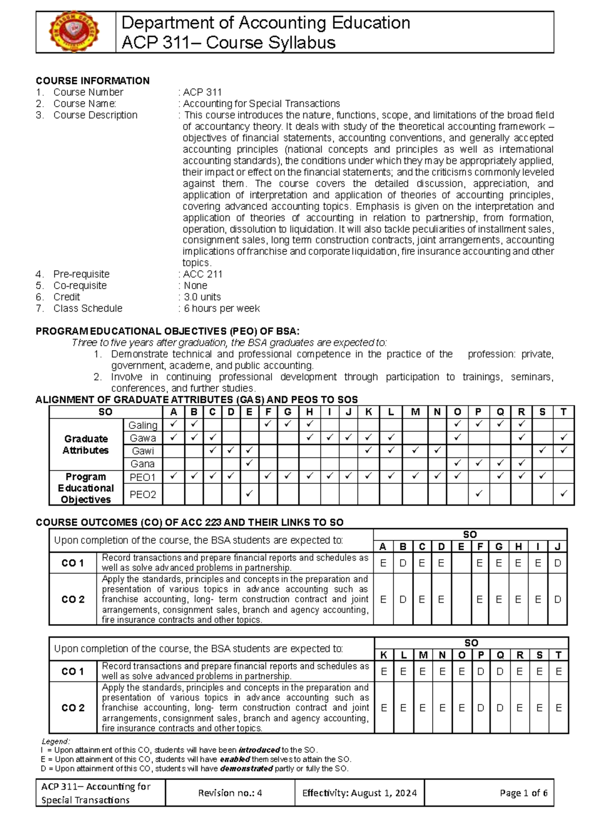 ACP 311 Course Syllabus: Accounting for Special Transactions - Studocu