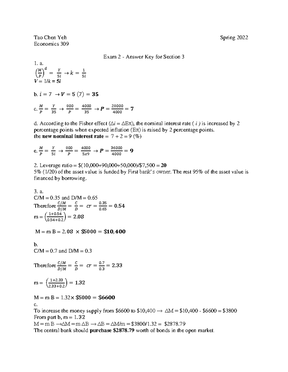 Exam 2 Answer Key - Section 3 - Economics 309 - Spring 2022 - Studocu
