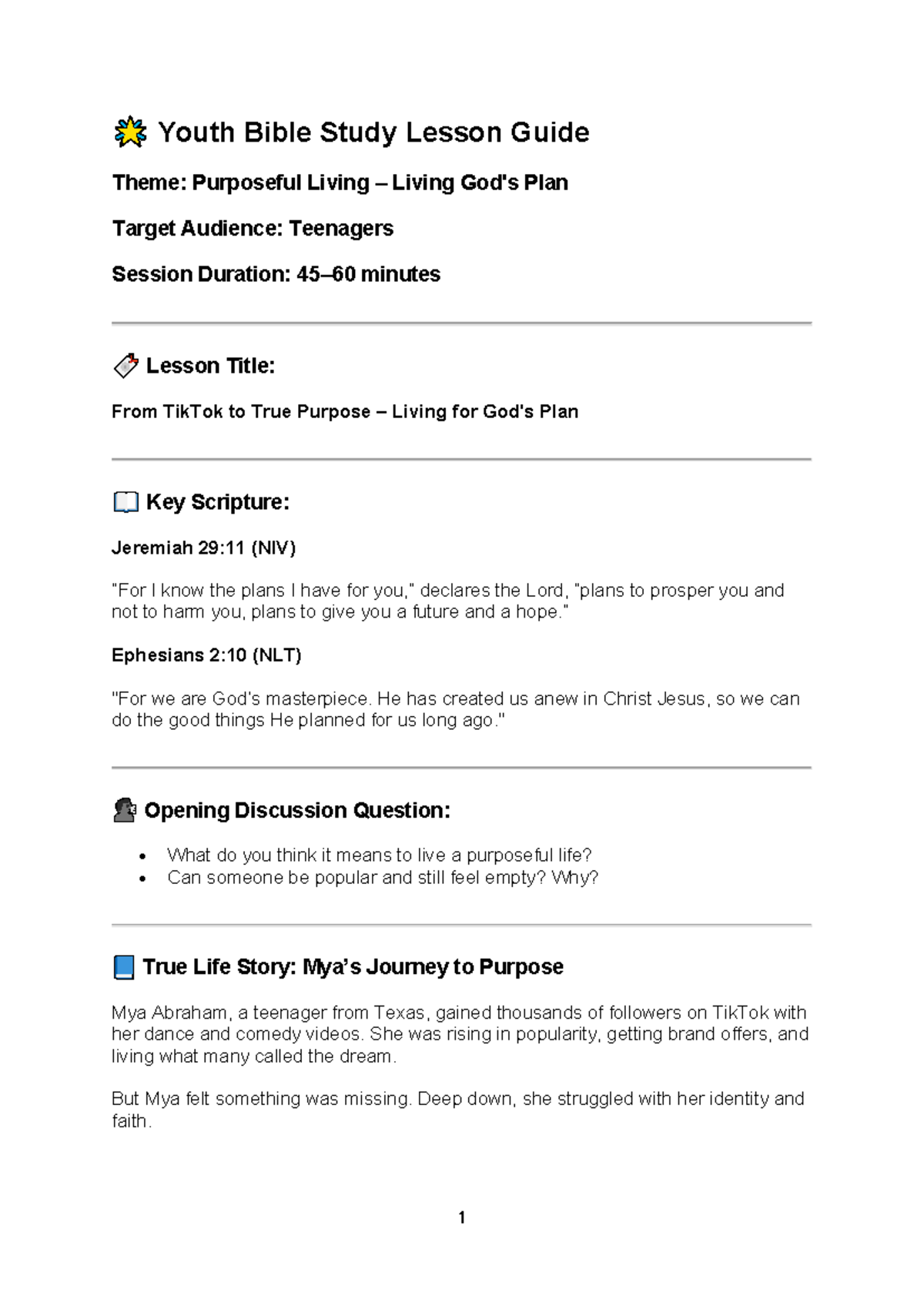 Youth Bible Study Lesson Guide: Purposeful Living for Teens - Studocu