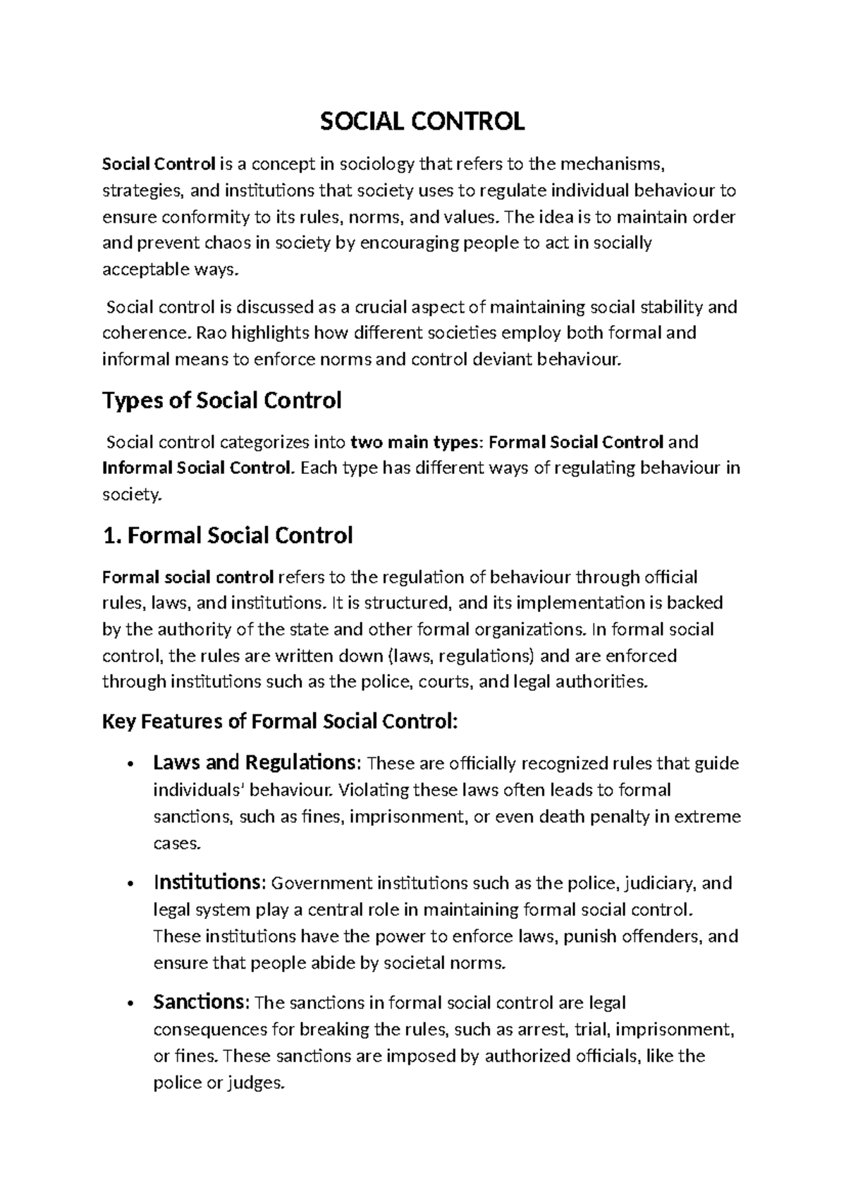 SOC 101: Social Control - Key Concepts and Mechanisms - Studocu