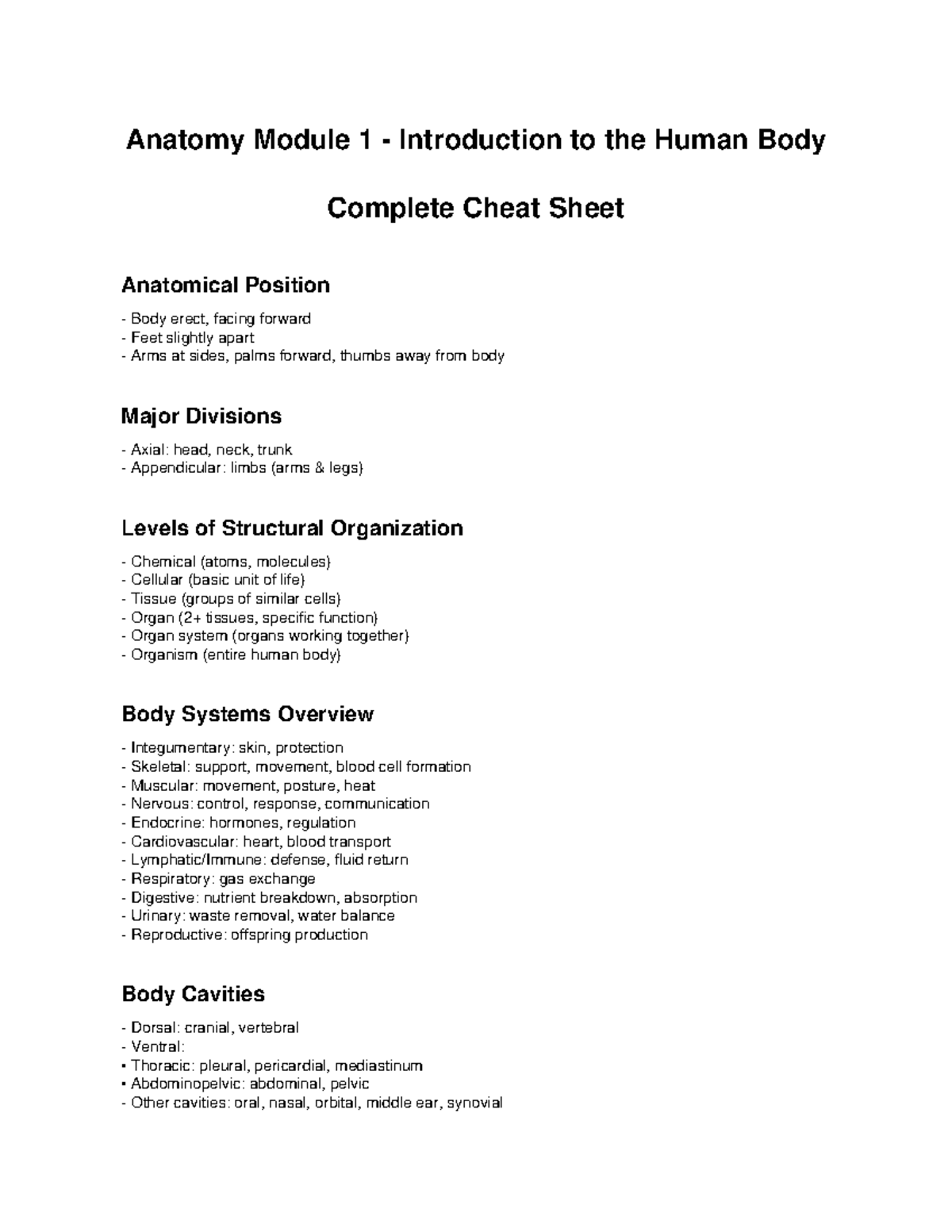 Anatomy Module 1 Complete Cheat Sheet: Human Body Overview - Studocu