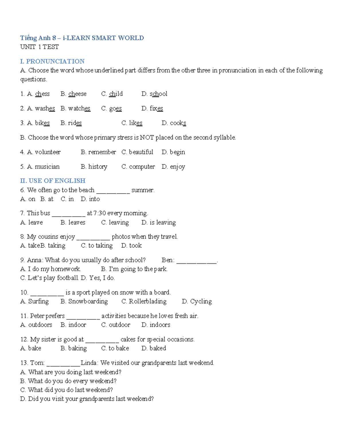 Tiếng Anh 8 SMART WORLD UNIT 1 TEST: PRONUNCIATION & USE OF ENGLISH ...