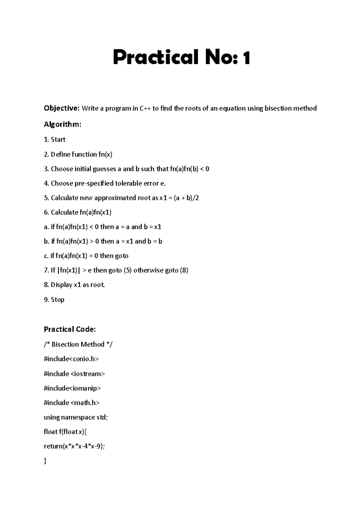 Practical No: 1 - Bisection Method for Finding Equation Roots - Studocu