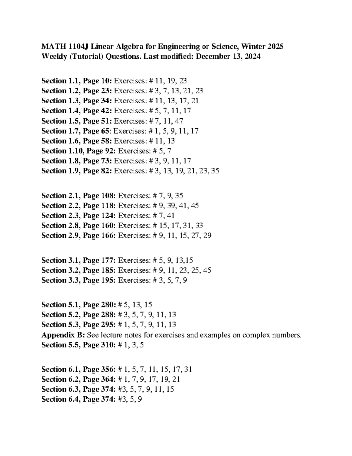 Tutorial Weekly Questions - Appendix B: See lecture notes for exercises ...