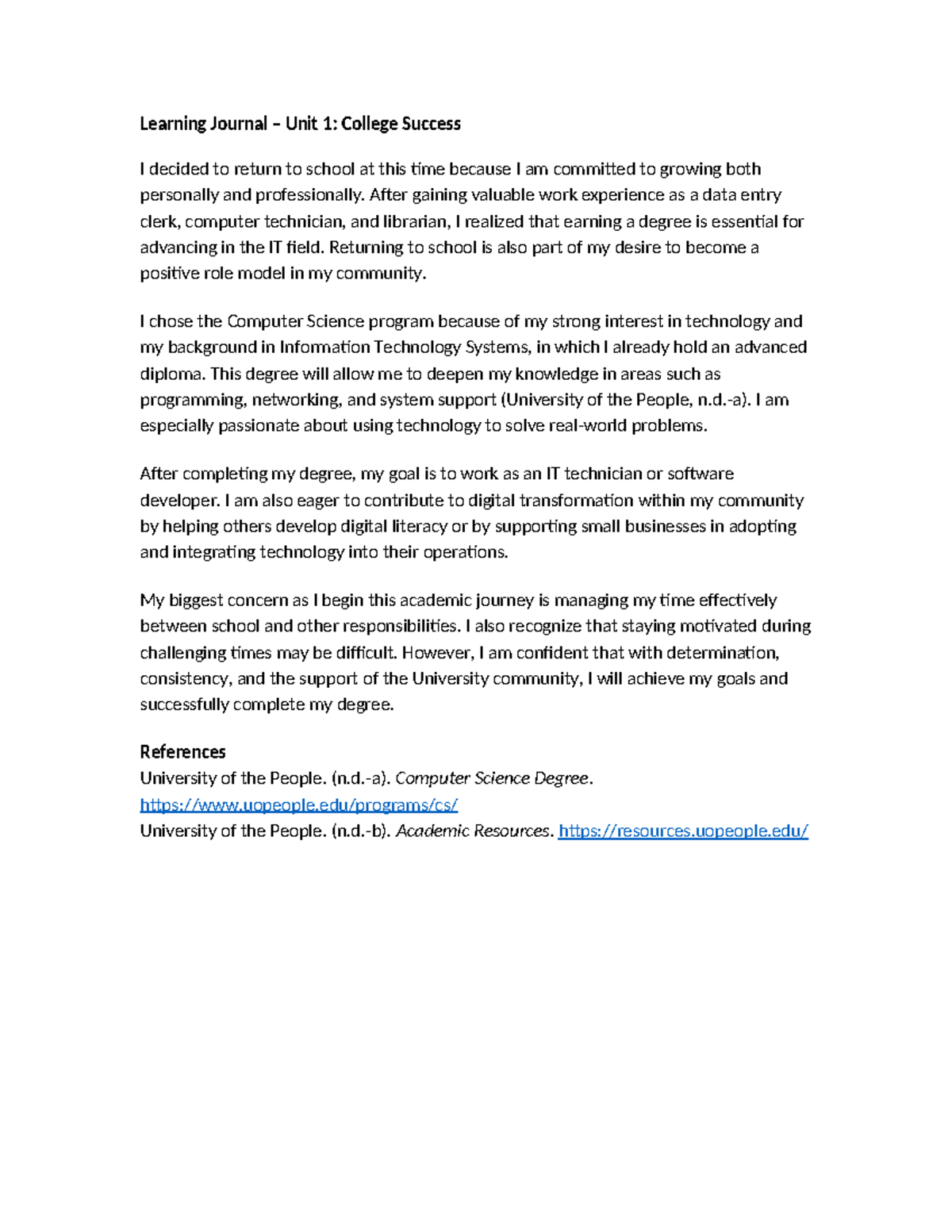 Learning Journal Unit 1: Reflections on College Success - Studocu