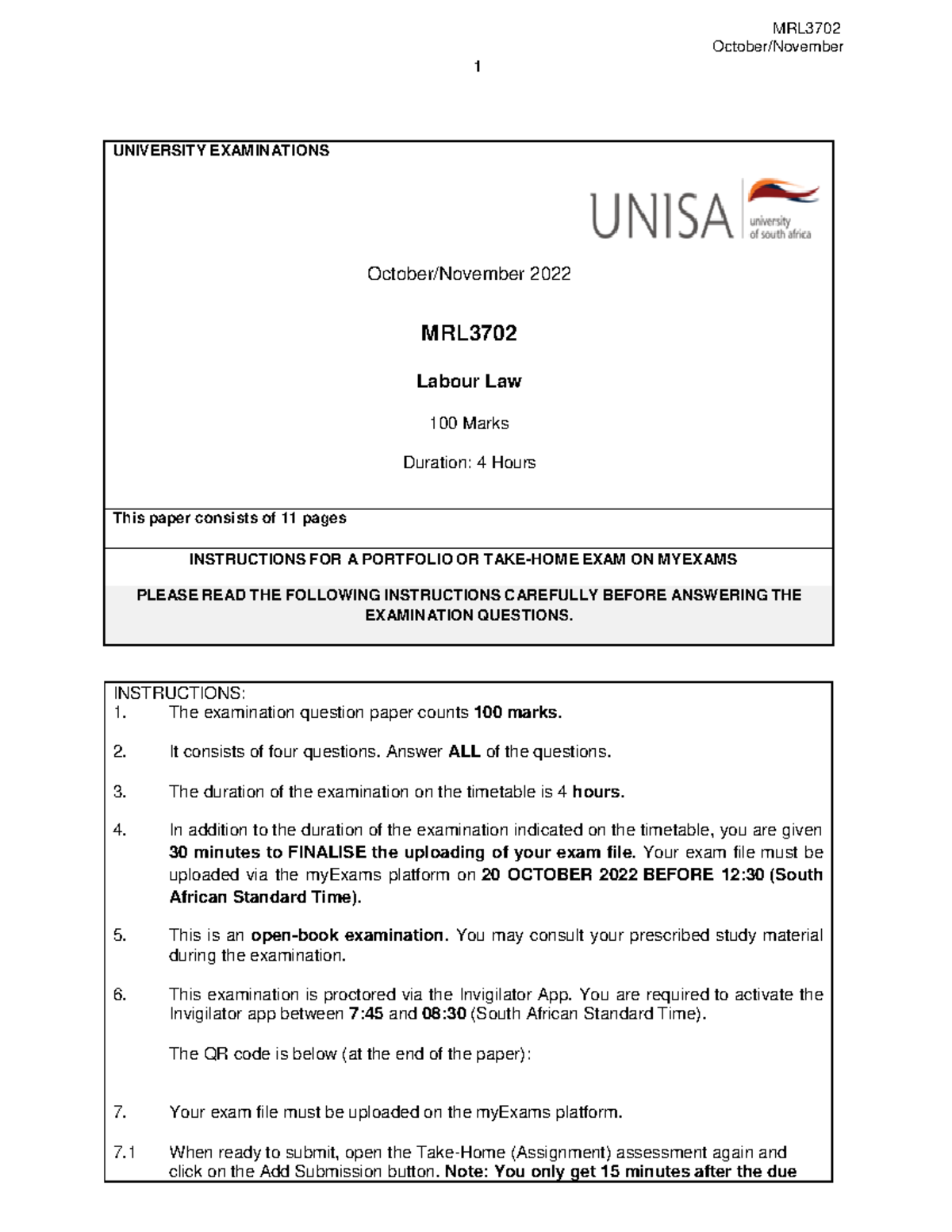 MRL3702 Labour Law Final Exam Instructions & Questions (Oct-Nov 2022 ...