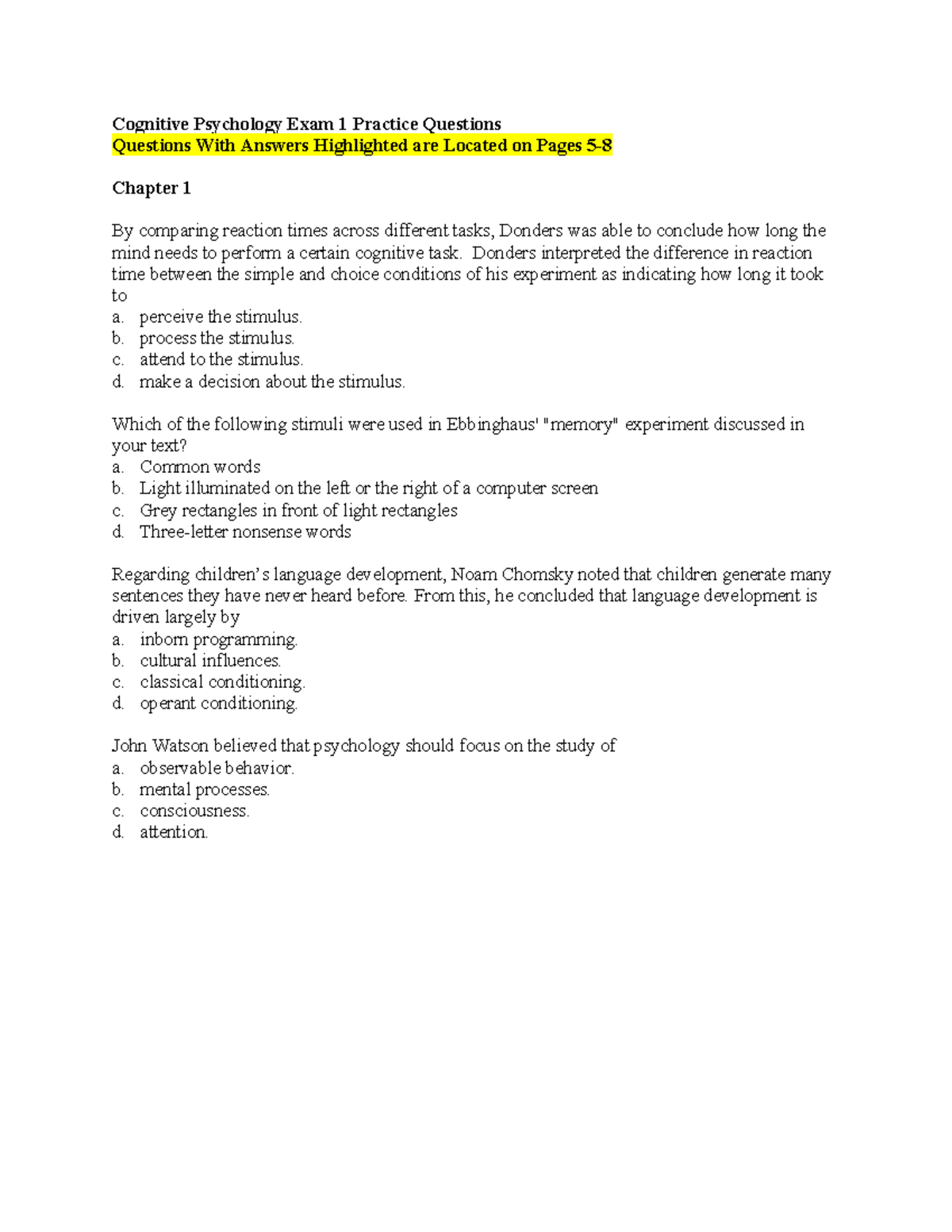 Cognitive Psychology Exam 1 Practice Questions & Answers - Spring 2025 ...
