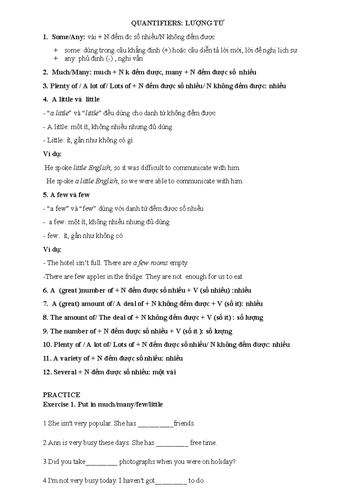 QUANTIFIERS: LƯỢNG TỪ - Grammar Notes and Exercises - Studocu
