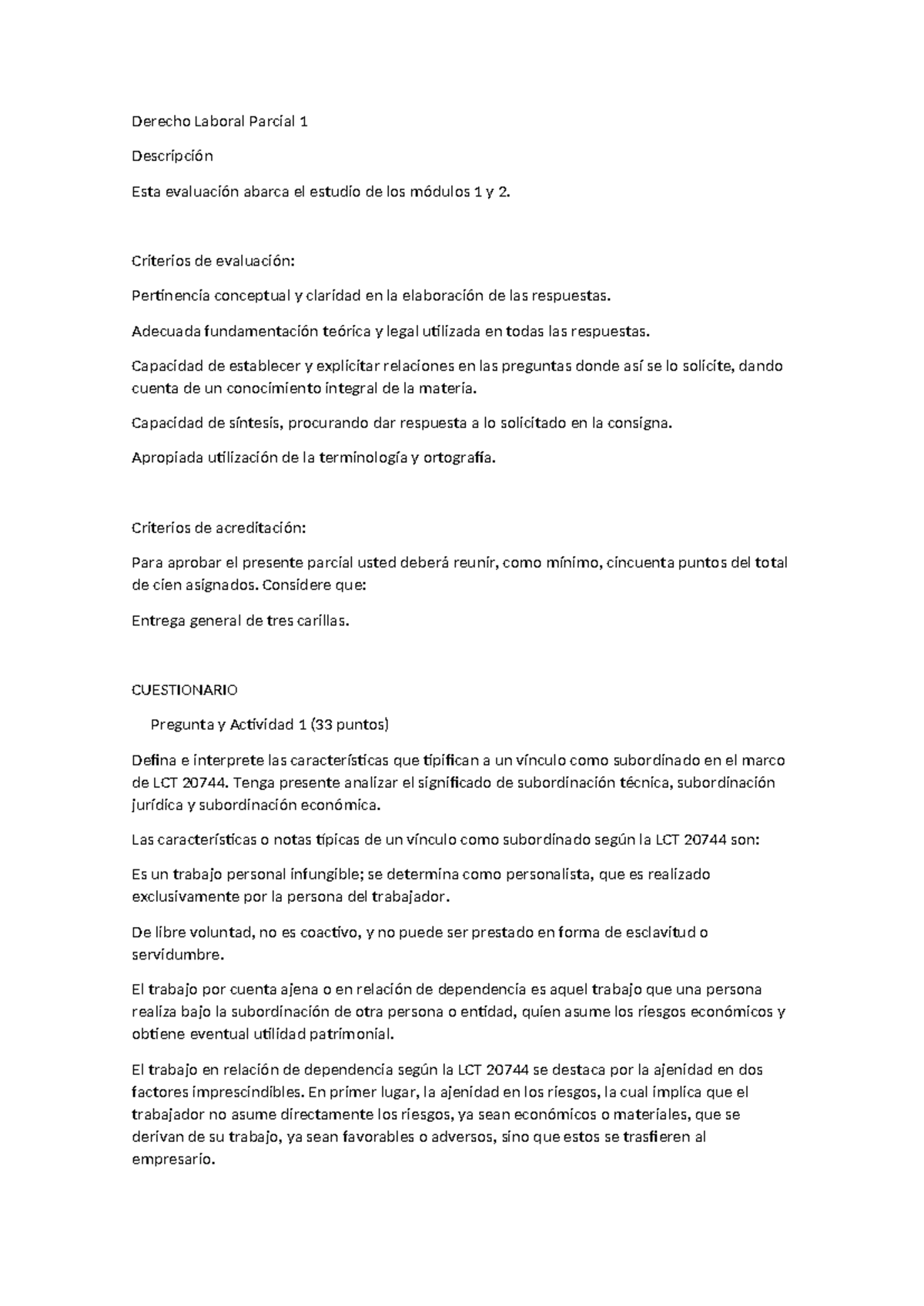 Derecho Laboral Parcial 1: Evaluación Módulos 1 y 2 - Studocu