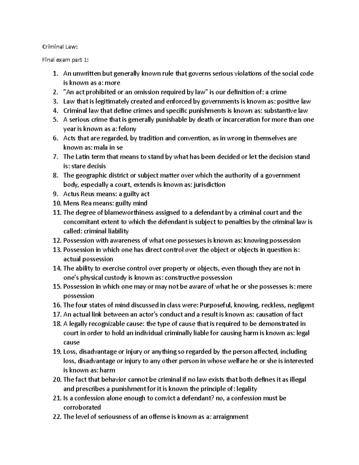 Criminal Law (CL101) Final Exam Study Guide Part 1 - Key Concepts - Studocu