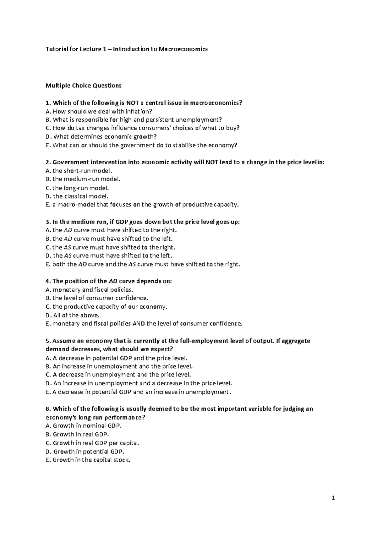 Tutorial Questions Lecture 1 Introduction to Macroeconomics - Tutorial ...