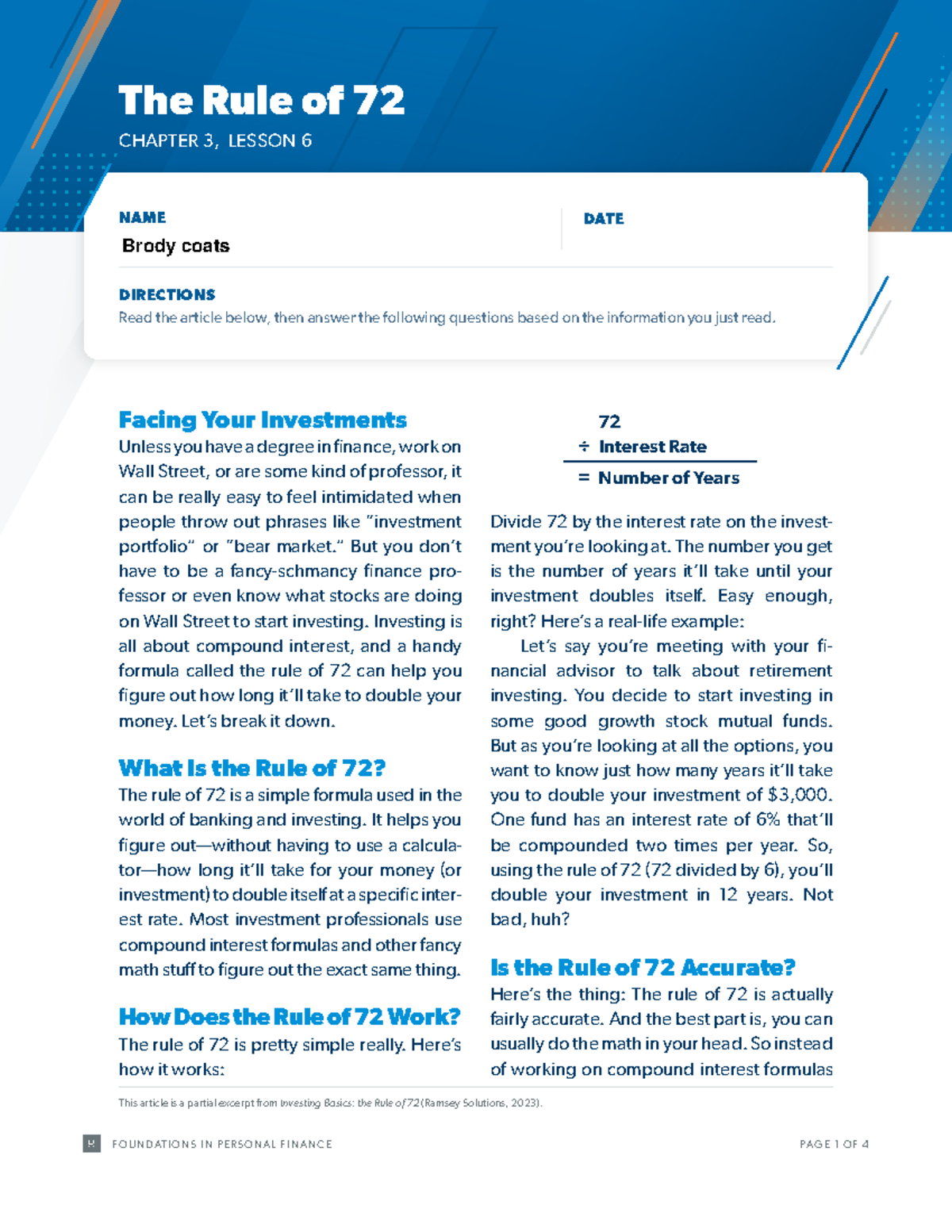 Foundations in Personal Finance: Rule of 72 - Chapter 3, Lesson 6 - Studocu