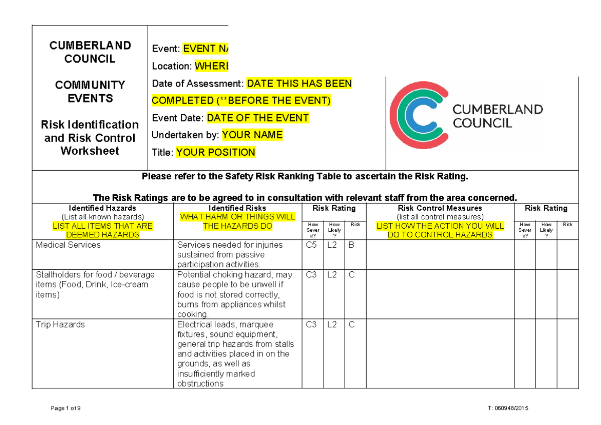 CUMBERLAND COUNCIL Risk Management Plan for Community Events - Studocu