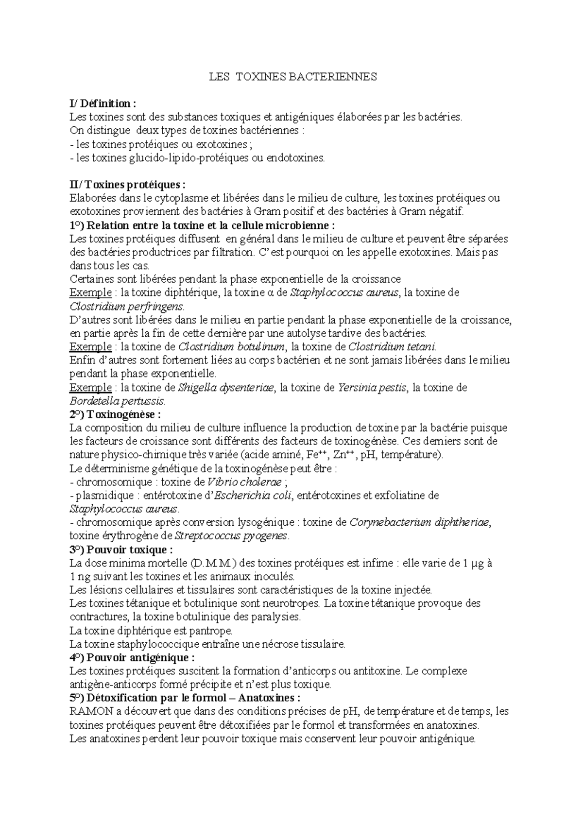 LES TOXINES BACTERIENNES : EXOTOXINES ET ENDOTOXINES - Studocu