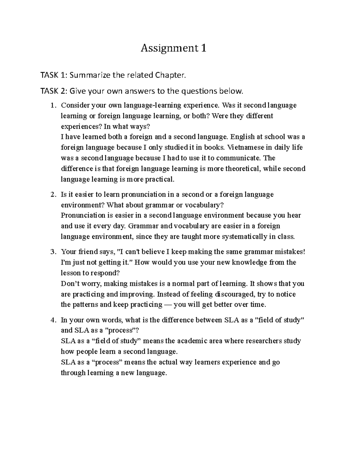 Assignment 1: Language Learning Experiences and Insights - Studocu