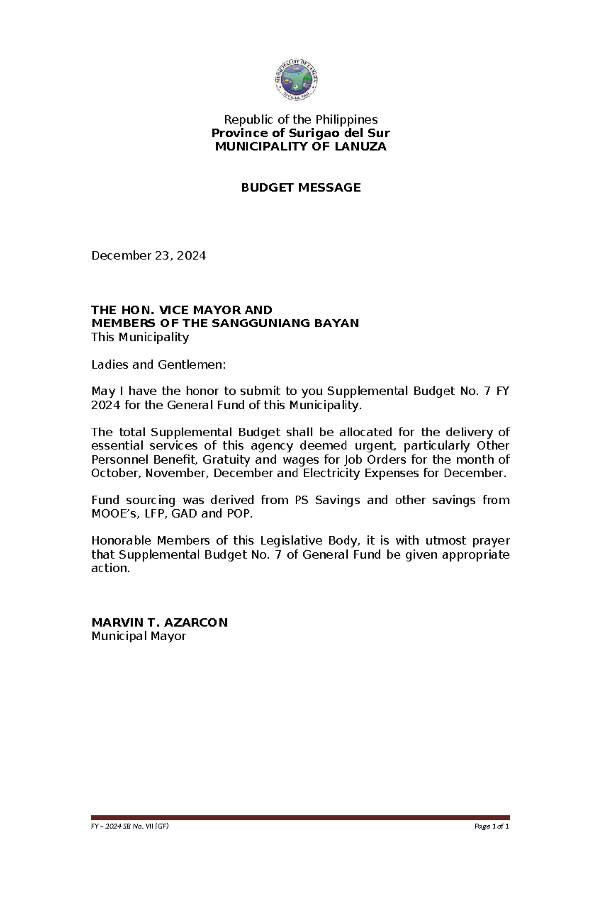Budget Message for Supplemental Budget No. 7 FY 2024 - Studocu