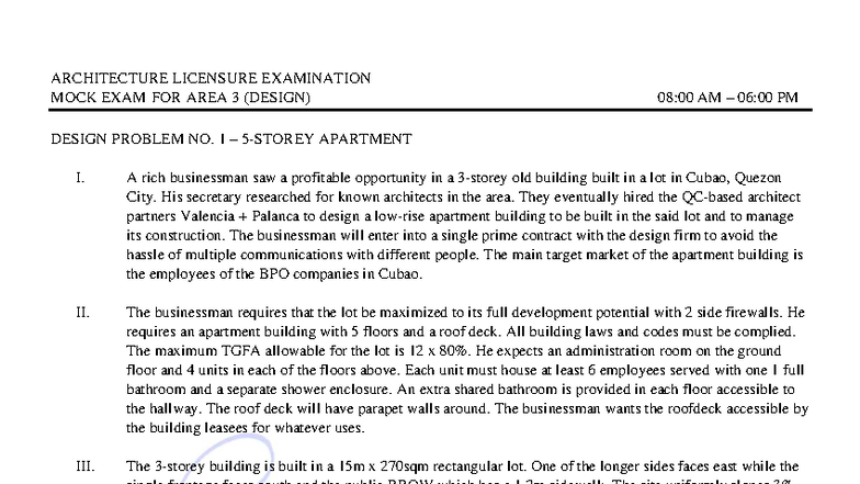 ARCHITECTURE LICENSURE EXAM MOCK EXAM: AREA 3 DESIGN PROBLEM 1 - Studocu
