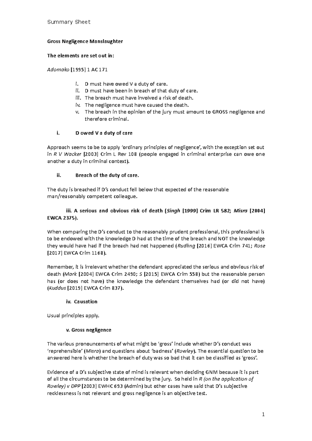 Criminal Law - Involuntary Manslaughter: Gross Negligence Overview ...
