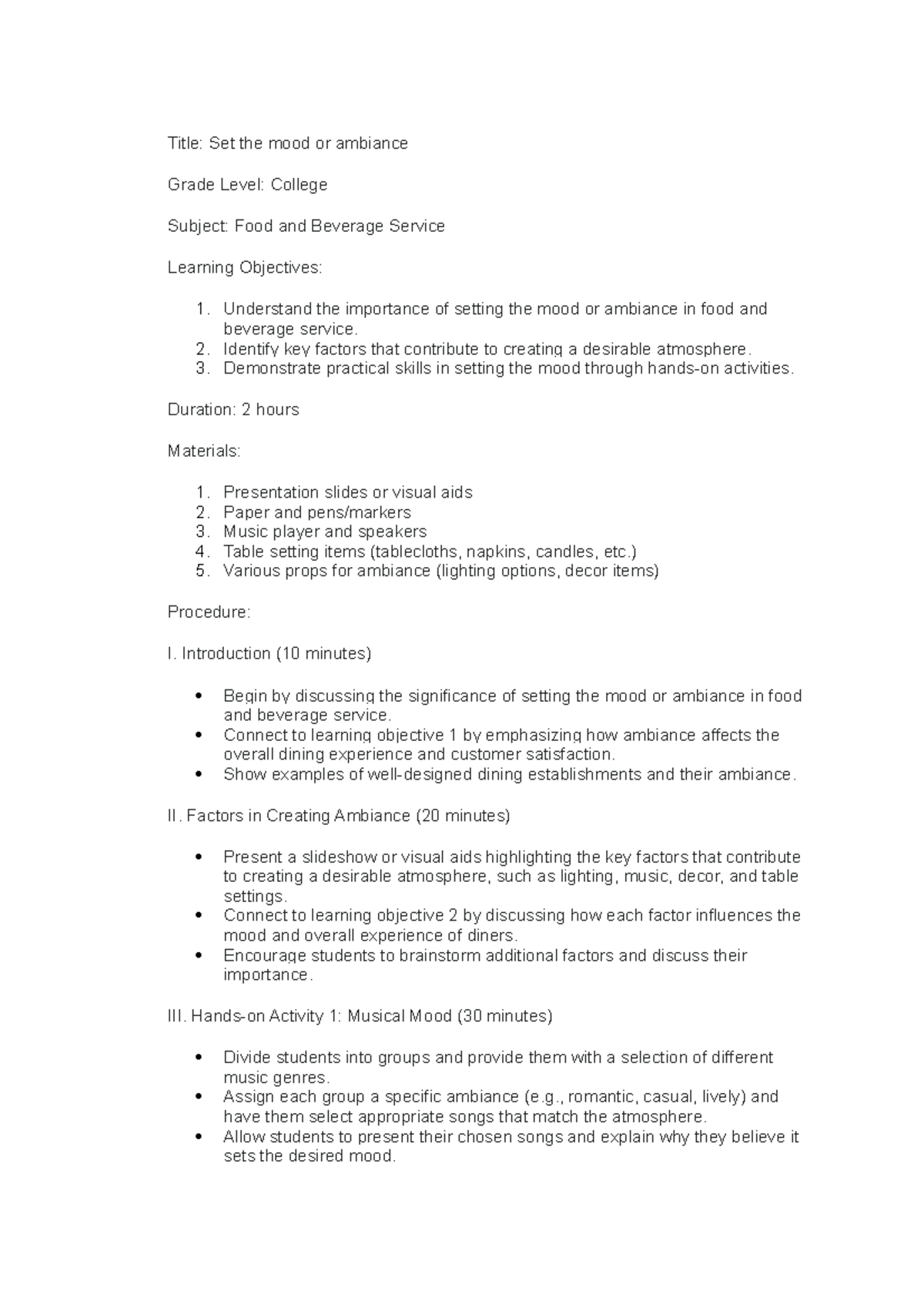 Lesson Plan: Setting the Mood in Food & Beverage Service (FBS) - Studocu