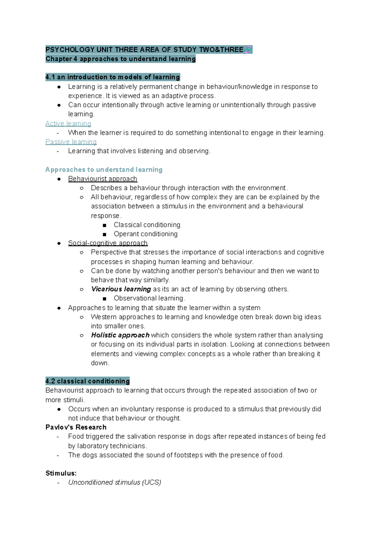 PY14 AOS 2 & 3 - Learning Approaches and Memory Models Notes - Studocu