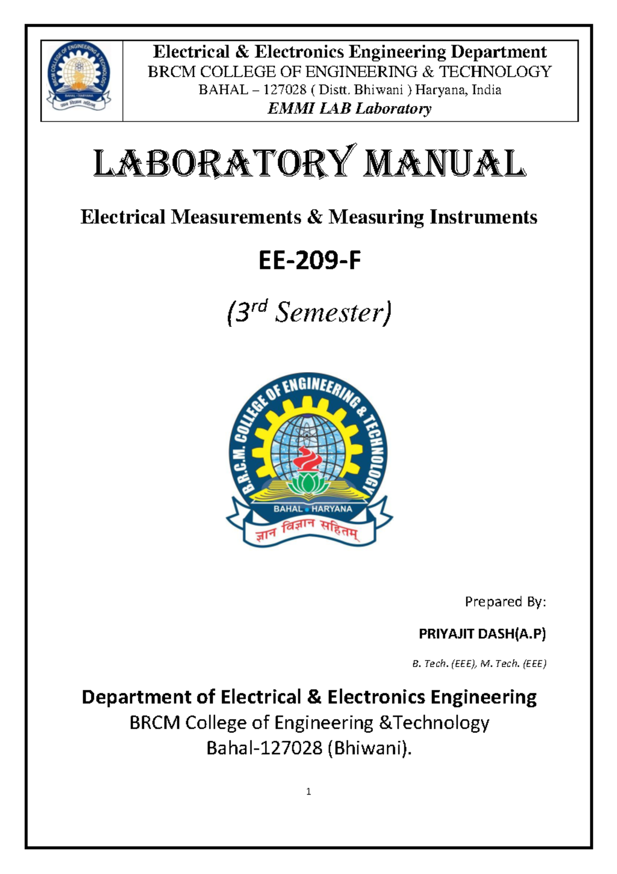 EMMI LAB Manual: Electrical Measurements & Instruments (3rd Sem) - Studocu