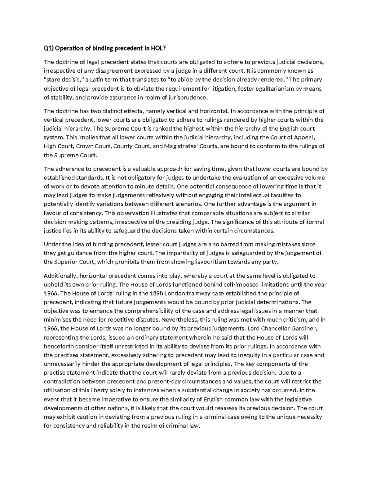 LSM Essay on Judicial Precedent: Principles and Practice Analysis - Studocu