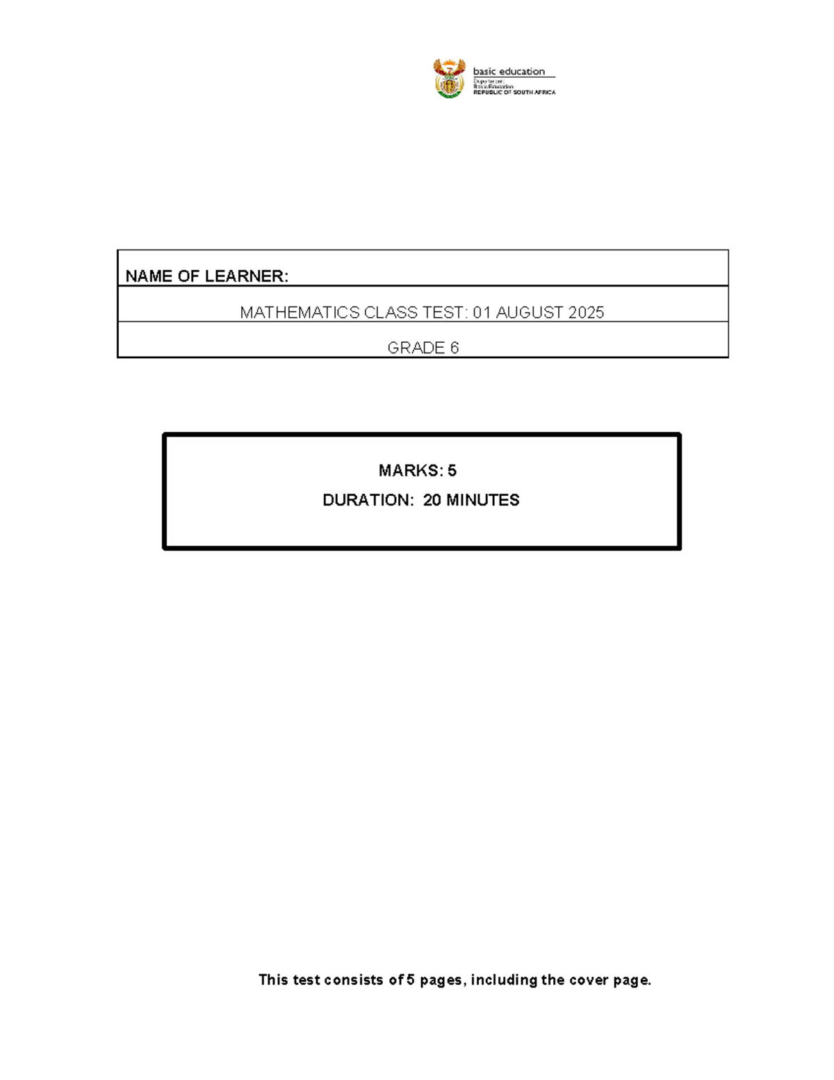 Grade 6 Mathematics Class Test - 01 August 2025 - Studocu