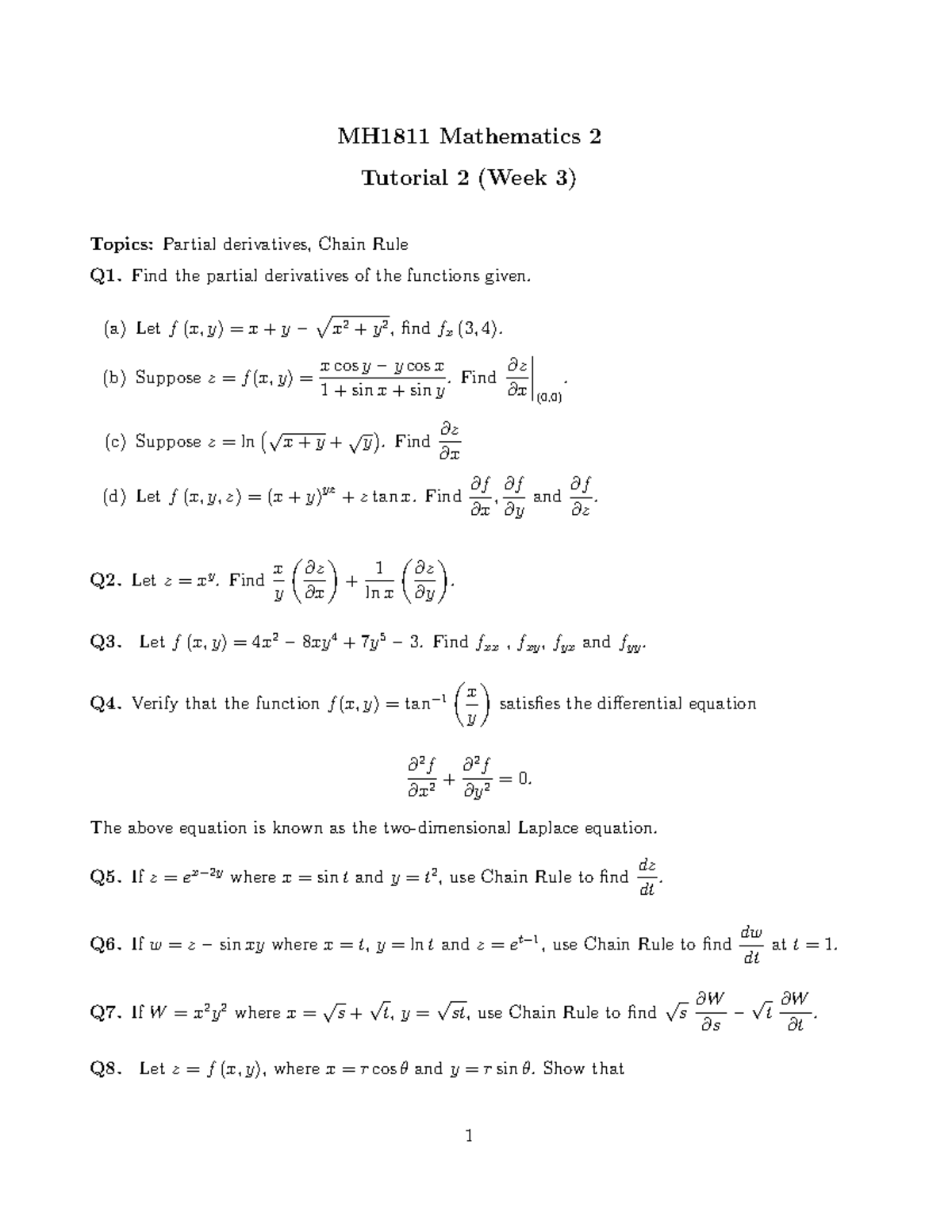 Tutorial 02 - MH1811 Mathematics 2 Tutorial 2 (Week 3) Topics: Partial ...
