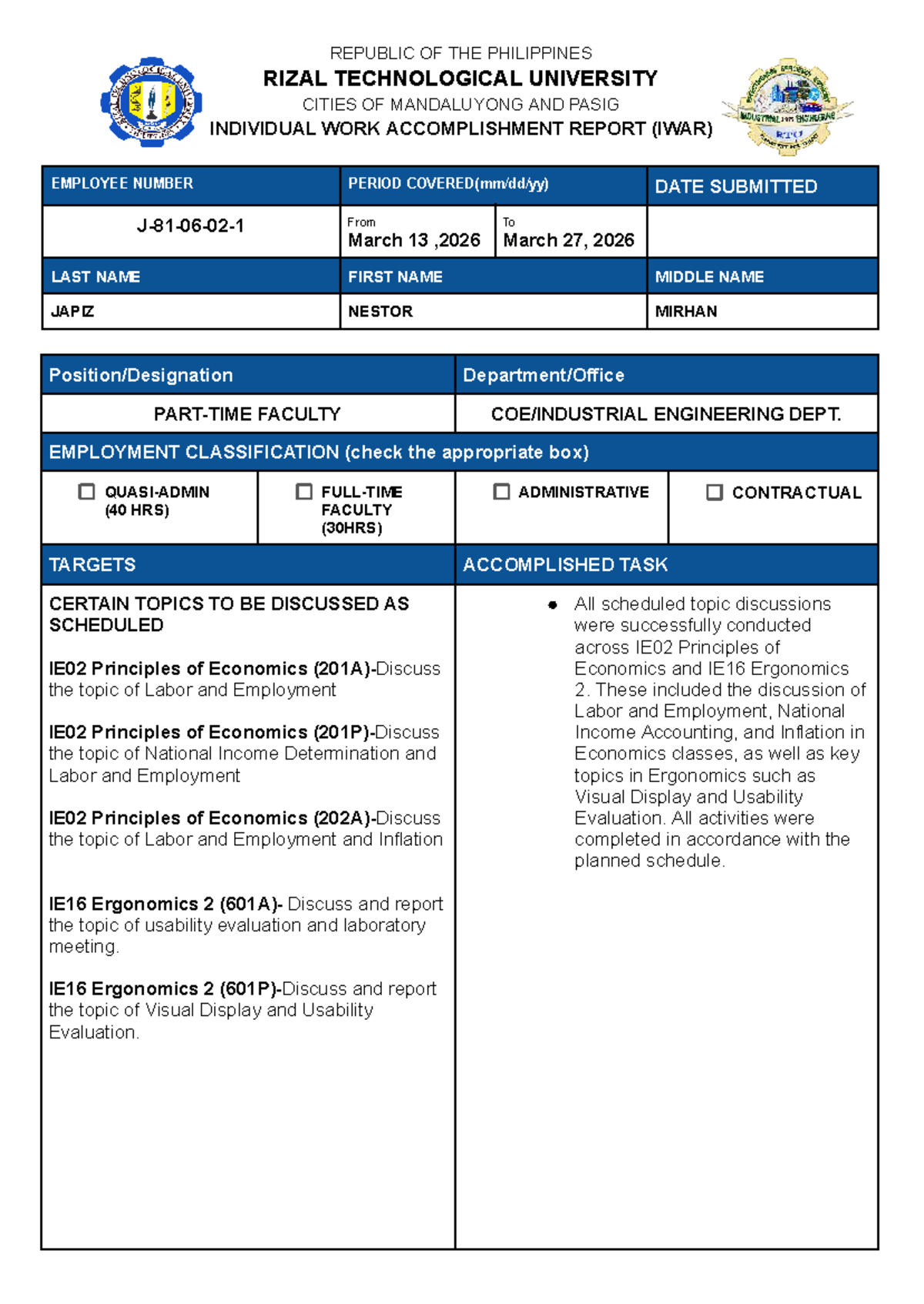 Individual Work Accomplishment Report (IWAR) for IE02 & IE16 - Studocu