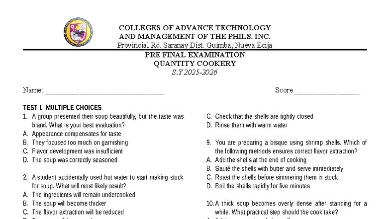 Pre-Finals Exam - Quantity Cookery (S.Y.) - Studocu