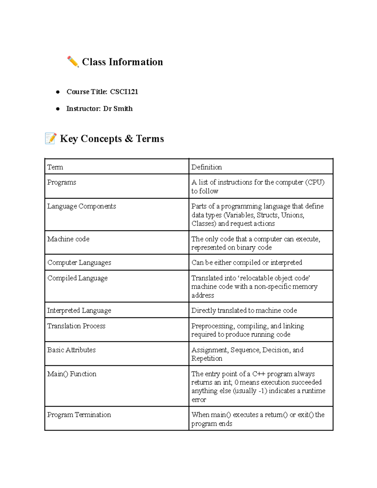 CSCI121 Final Exam Review: Key Concepts in C++ Programming - Class ...