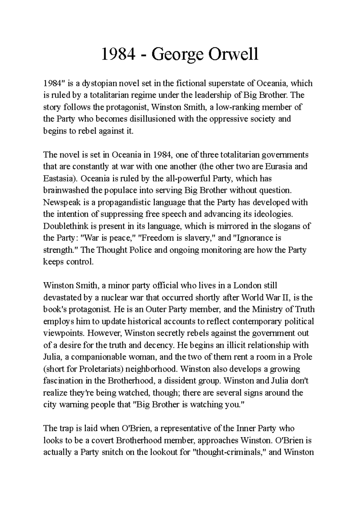 1984 Essay Notes: Summary and Character Analysis of Orwell's Dystopia ...