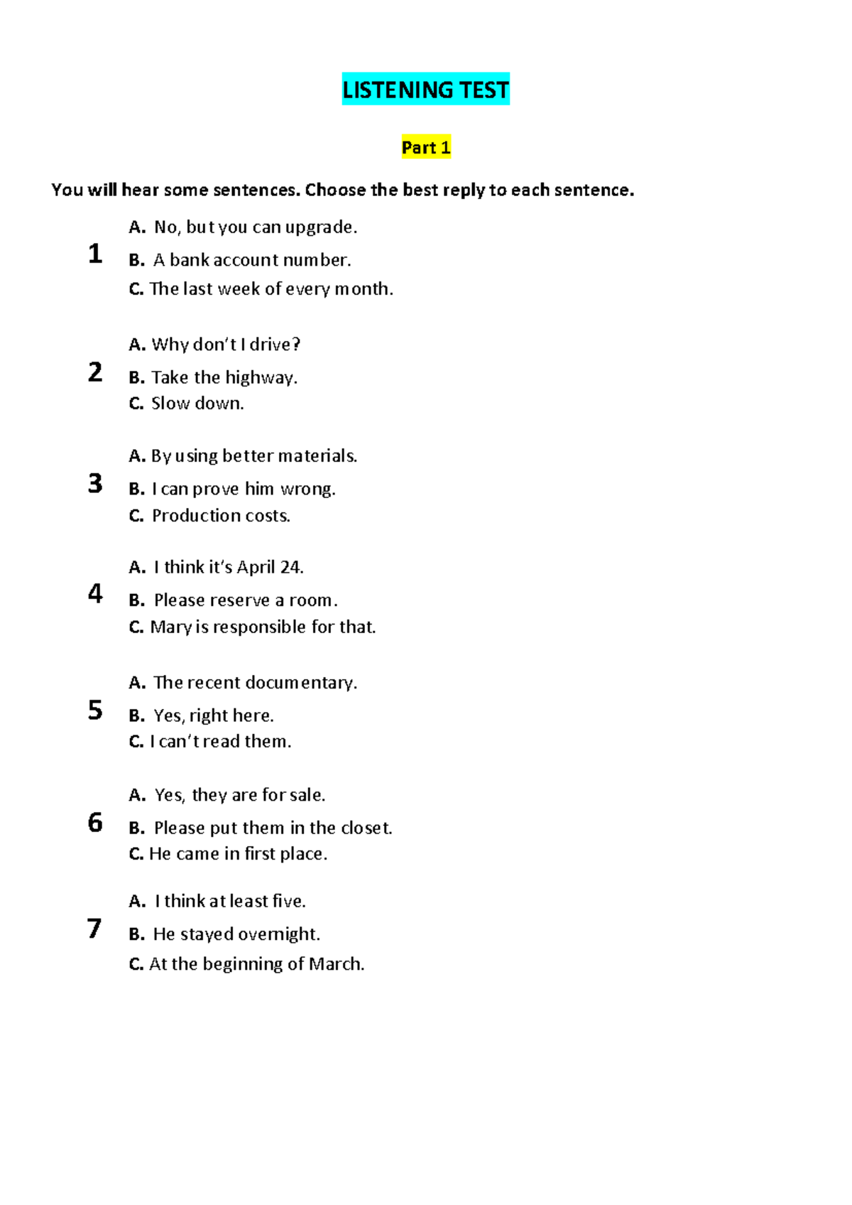 LISTENING TEST Part 1: Mock Exam Questions and Answers - Studocu
